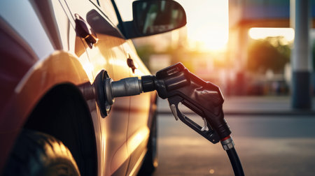 Refueling electric car at gas station, closeup of fuel nozzleの素材