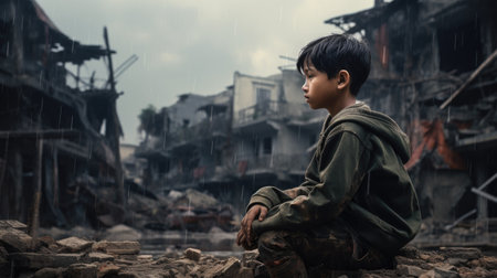 Asian boy sitting on the ground in front of a destroyed building.の素材