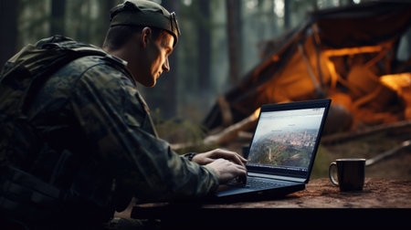Young man in military uniform sitting at table in the forest and working on laptopの素材