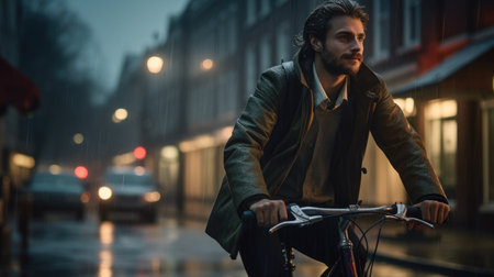Young man riding a bicycle on a rainy night in the city.の素材