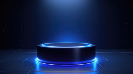 Abstract dark blue background with neon light and round podium. 3d renderingの素材