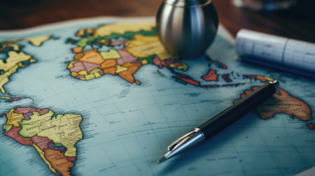 Map of the world with a fountain pen on a wooden table.の素材