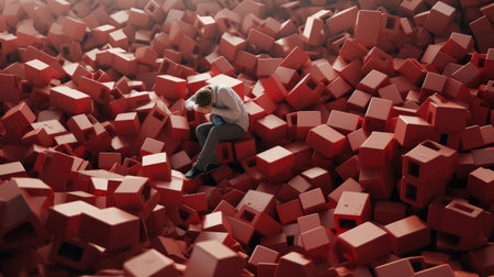 Young depressed businesswoman sitting on pile of red cubes. 3D renderingの素材