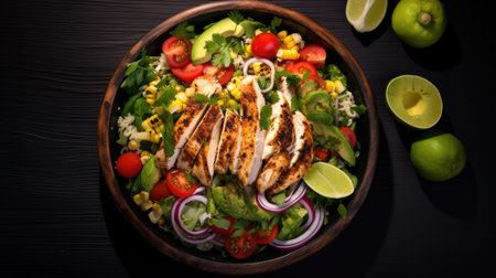 Mexican chicken salad with avocado, tomato, onion and corn on black backgroundの素材