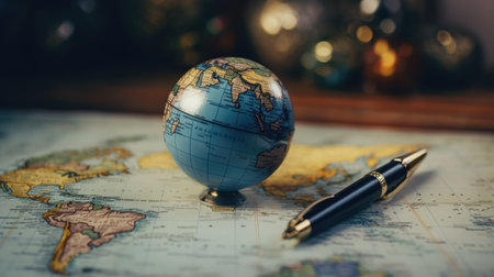 Globe and pen on the map of the world. Travel conceptの素材