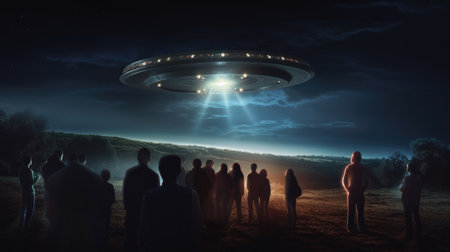 People watching flying saucer in the sky. 3d rendering.の素材