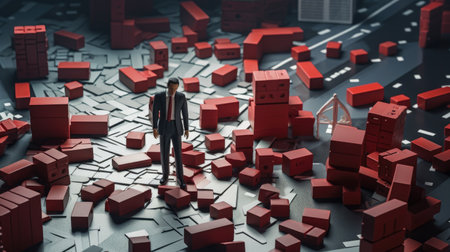 Businessman standing on the road surrounded by red cubes. 3D rendering.の素材