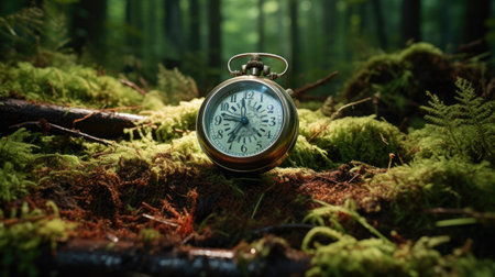 Vintage pocket watch on mossy forest background. Time concept.の素材