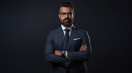 Portrait of handsome bearded businessman in suit and glasses on black backgroundの素材