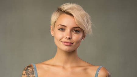 Portrait of a beautiful young woman with blonde hair and tattoo on her armの素材
