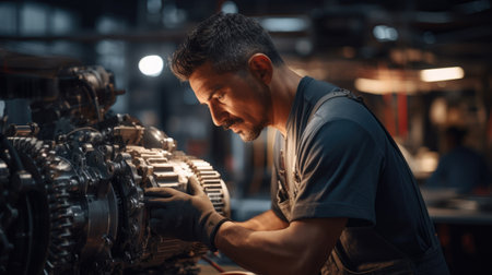 Car mechanic working in auto repair shop. Man repairing car engine.の素材