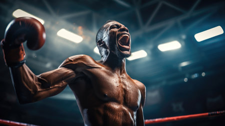 Boxer training in the ring. Close-up portrait of a man with boxing gloves.の素材