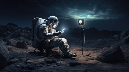Astronaut sitting on the ground and using tablet pc. Mixed mediaの素材