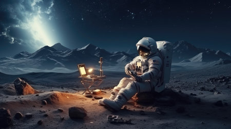 Astronaut sitting on planet surface. Mixed media. Mixed mediaの素材