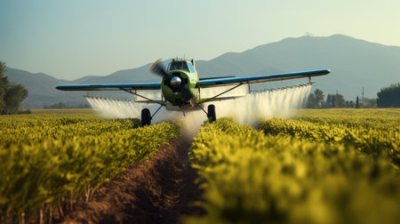 Airplane spraying water on wheat field. Agricultural landscape with agricultural machinery.の素材