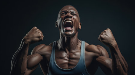 Athletic african american man flexing his muscles over dark backgroundの素材