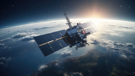 Satellite orbiting the planet Earth.  3D illustration.の素材