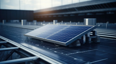 Solar panels on the roof of a modern office building. 3d renderingの素材