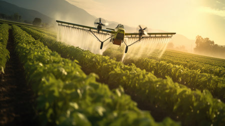 Agricultural machinery spraying water on green lettuce field at sunset.の素材