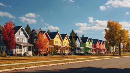 Row of colorful houses in a row with autumn leaves on the groundの素材