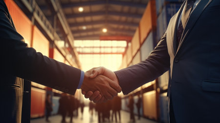 Businessmen shaking hands in warehouse, close-up. Partnership conceptの素材