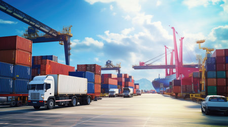 Container Cargo freight ship with working crane bridge in shipyard for Logistic Import Export backgroundの素材