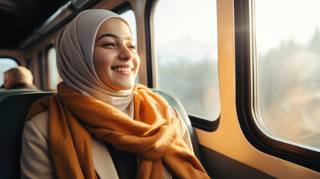cheerful young muslim woman in hijab smiling while riding in trainの素材