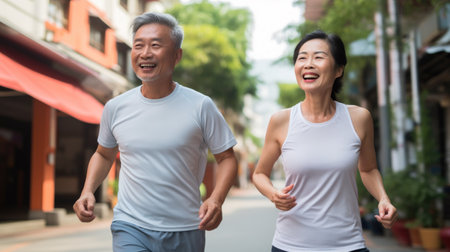 Asian senior couple jogging in the city.Healthy lifestyle concept.の素材