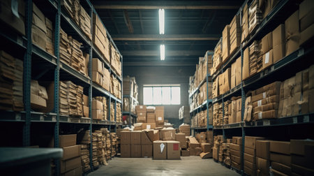 Warehouse interior with shelves and boxes. Shallow depth of fieldの素材