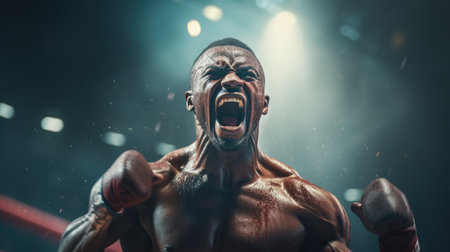 Portrait of a muscular african american boxer punching in boxing ringの素材