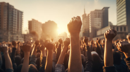 Crowd of people with raised hands at concert in front of sunsetの素材