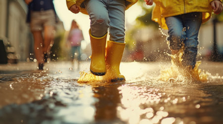 Close up of two little girls in yellow rubber boots splashing in puddleの素材