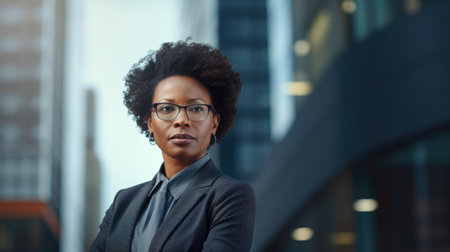 Portrait of a young African American businesswoman with a beautiful hairstyle, wearing a suit and glasses.の素材
