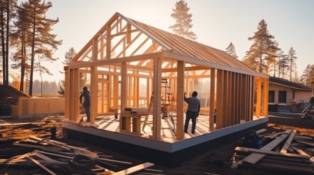 Construction of a frame house. Construction of a wooden frame house.の素材