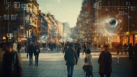 Digital composite of people walking on the street with city map and interfaceの素材