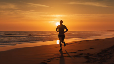 Runner athlete running on beach at beautiful sunrise. fitness and healthy lifestyle concept.の素材