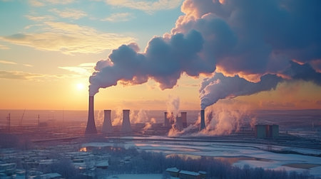 Cooling towers of a thermal power plant on a background of the sunsetの素材