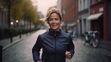 Portrait of a smiling middle-aged woman jogging in the cityの素材