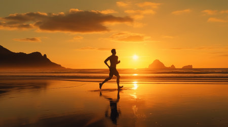 Silhouette of a man running on the beach during a beautiful sunsetの素材