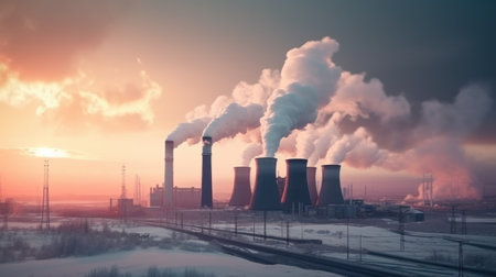 Power plant with smoking chimneys at sunset. 3D rendering.の素材