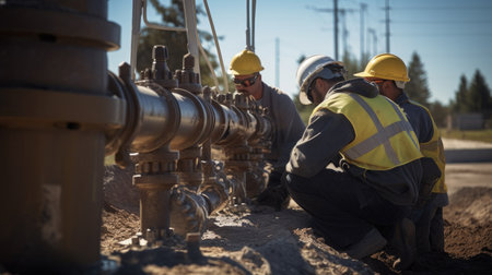 Workers on a construction site in the process of installing a gas pipelineの素材