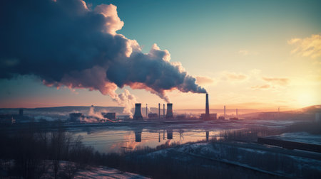 Industrial landscape with smokestack and river at sunset.の素材