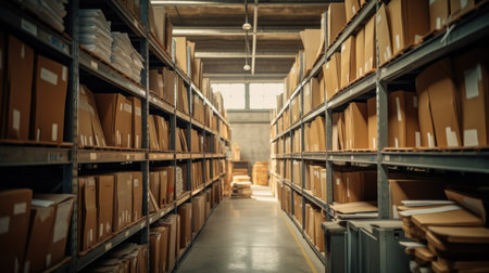 Warehouse or storehouse interior with shelves full of boxes and parcelsの素材