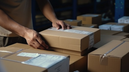 Close up of young Asian man working in warehouse. This is a freight transportation and distribution warehouse. Industrial and industrial workers conceptの素材