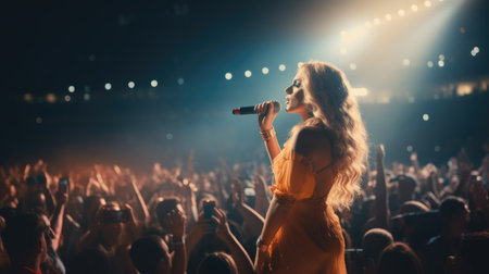 Beautiful girl singing into a microphone during a live concert on stageの素材