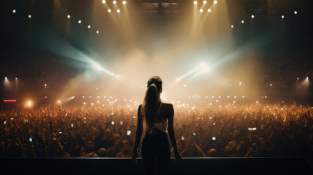 Silhouette of a girl in front of a stage during a concertの素材