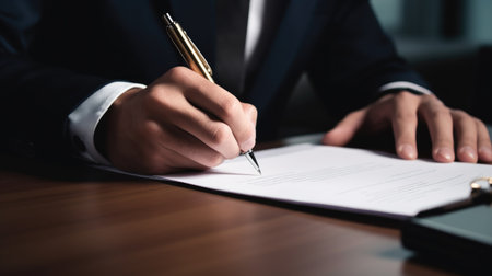 Businessman signing a contract. Close-up of man signing a contractの素材