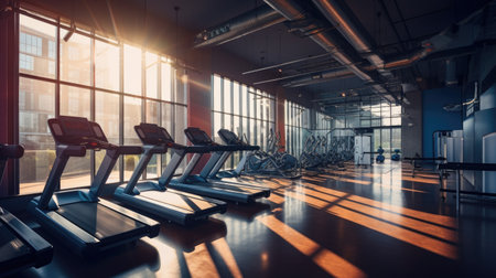 Treadmill in modern gym interior. Treadmill equipment.の素材