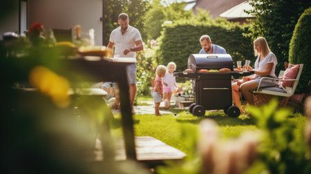 Happy family having barbecue party in garden on summer day. Mother, father and their kids.の素材