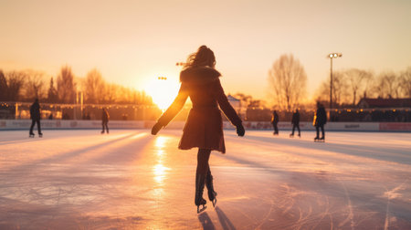 Beautiful young woman skating on ice rink at sunset. Winter sportの素材